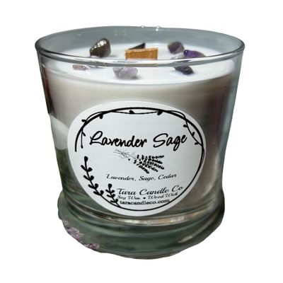 Lavender Sage Essential Oil Soy Wood Wick Candle for Aromatherapy and Relaxation and Cleansing Gemstones