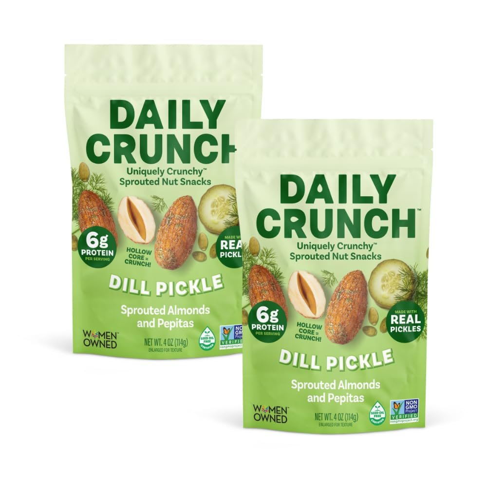 Daily Crunch Sprouted Almonds and Dehydrated nuts for a Unique Crunch, Keto Friendly, Non-GMO Zero Seed Oils, Gluten Free, 4oz (2 Pack, Dill Pickle)