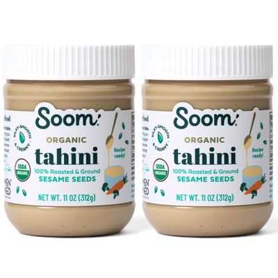 Soom Foods Organic Tahini 11oz (2 Pack) | Roasted & Ground Sesame Seed Paste | Creamy Tahini for Dubai Chocolate, Hummus, Sauces | Vegan, Nut-Free, Gluten-Free, Kosher, Keto, Paleo, Whole30