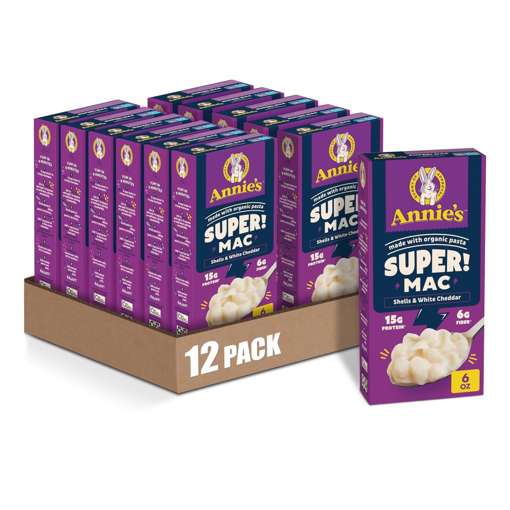 Annie's Super! Mac Shells and White Cheddar, Made with Organic Pasta, 6 oz (Pack of 12)