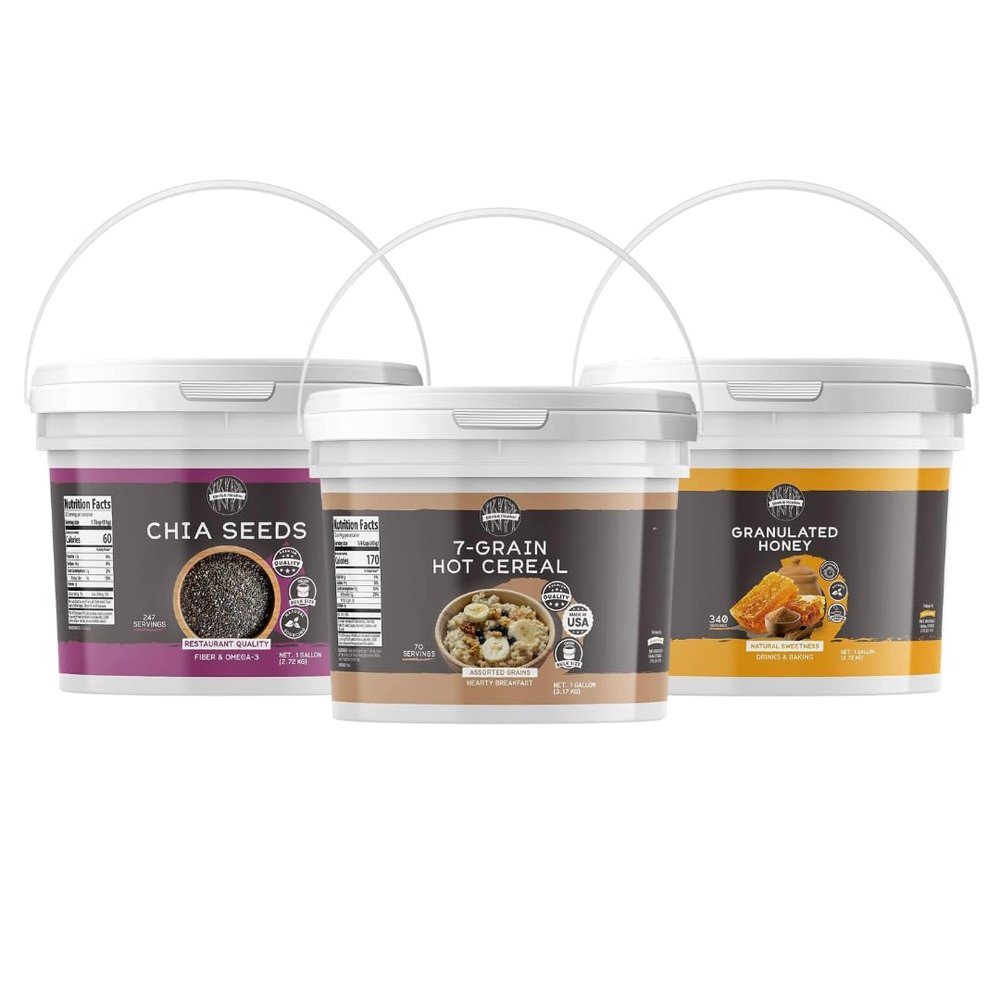 BIRCH & MEADOW 7-Grain Hot Cereal, Granulated Honey, & Chia Seeds Bundle (1 Gallon Buckets), Versatile Ingredients, Oatmeal & Smoothies, Flavorful