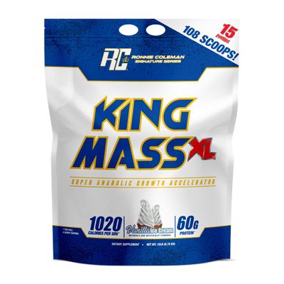 Ronnie Coleman Signature Series King Mass XL Mass Gainer Protein Powder, Muscle Gainer, 60g Protein, 180g Carbohydrates, 1,000+ Calories, Creatine and Glutamine, Vanilla Ice Cream, 15 Pound