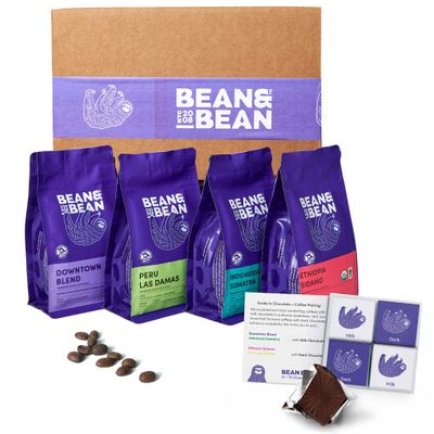 Bean Around the World Coffee & Chocolate Gift Set - 4 x 1.8oz Coffee Samplers Paired with Belgian Chocolates - Organic & Fair Trade - Includes Single Origin Medium Roast, Whole Bean