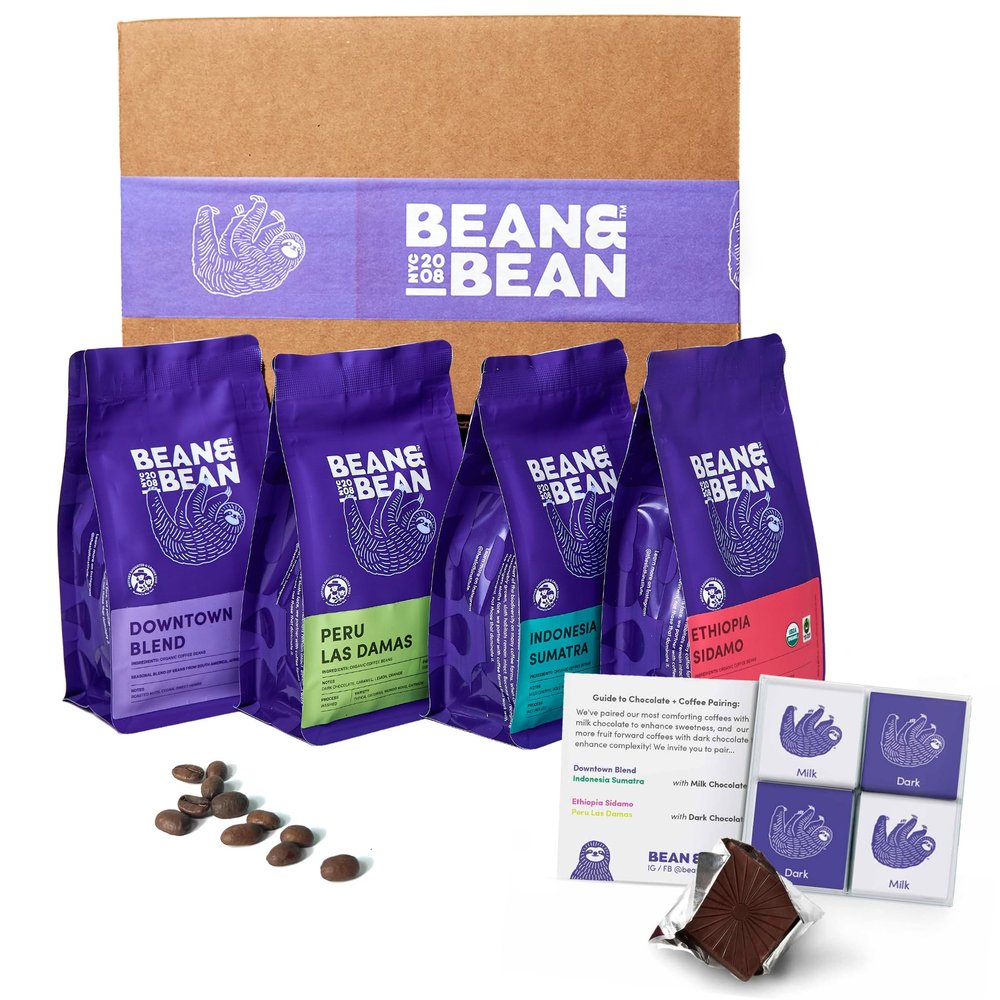 Bean Around the World Coffee & Chocolate Gift Set - 4 x 1.8oz Coffee Samplers Paired with Belgian Chocolates - Organic & Fair Trade - Includes Single Origin Medium Roast, Whole Bean