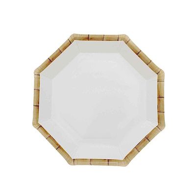 25 White 7-inch Octagon Disposable Dinner Salad Paper Plates Natural Bamboo Print Trim Party Events Home Tableware Decorations