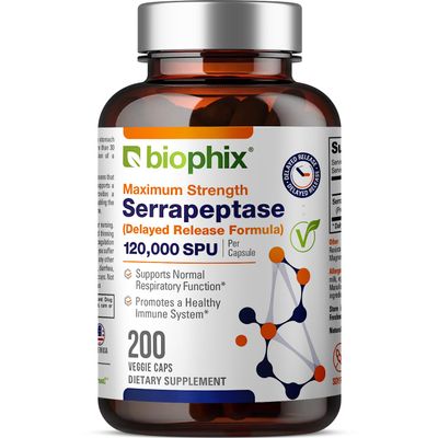 biophix Serrapeptase Supplement 120000 SPU Maximum Strength 200 Veggie Caps - Delayed Release Formula - Natural Enzyme Support