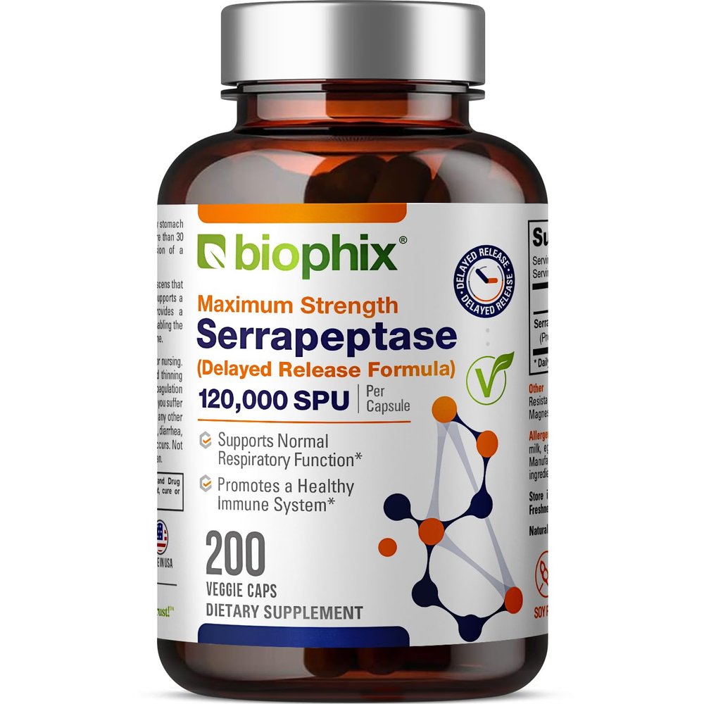 biophix Serrapeptase Supplement 120000 SPU Maximum Strength 200 Veggie Caps - Delayed Release Formula - Natural Enzyme Support
