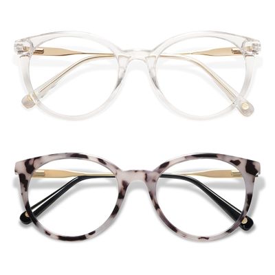 AMOMOMA Retro Round Reading Glasses for Women Cute Stylish Blue Light Blocking Readers AM6055, Clear/Gold&Grey Tortoise/Gold 1.75x