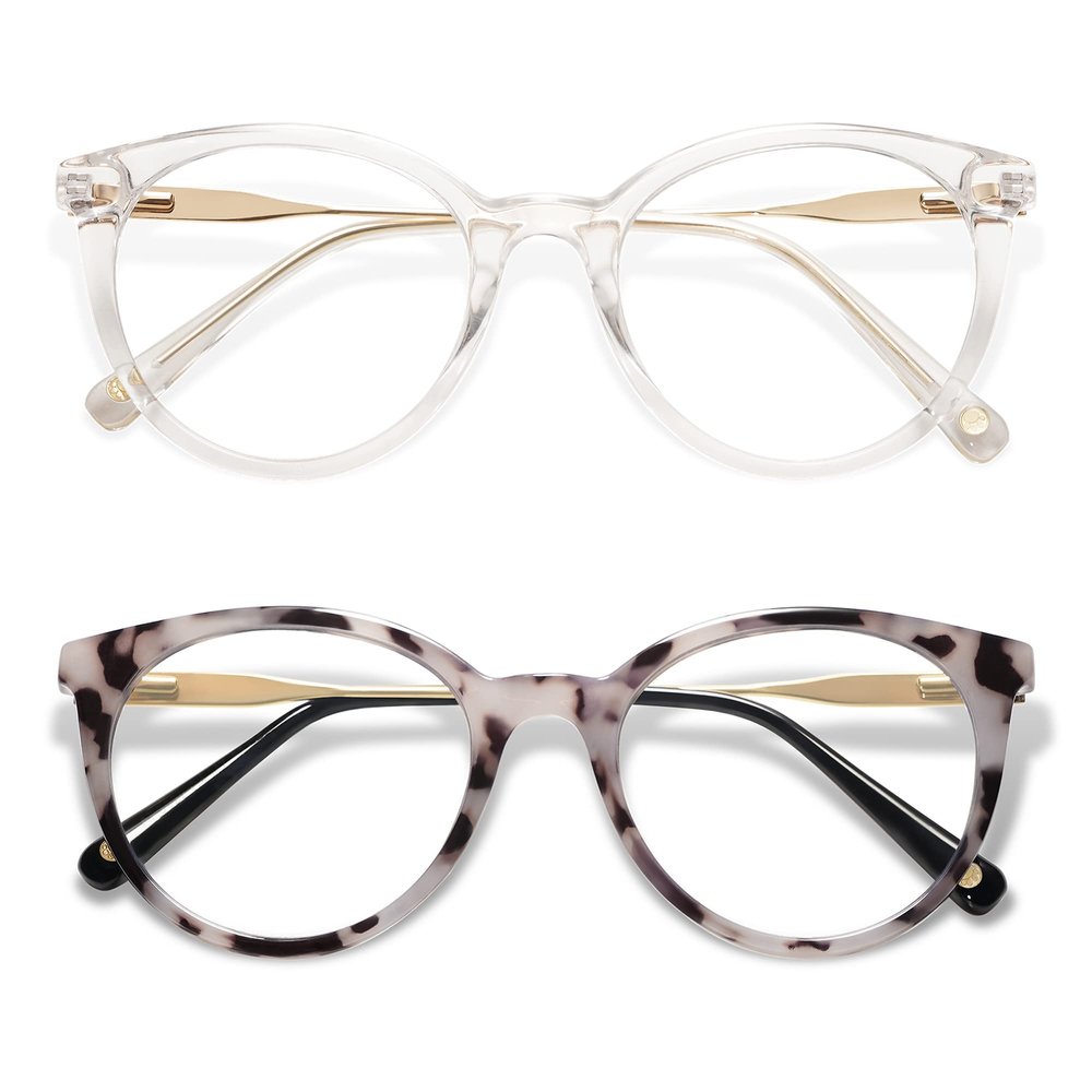AMOMOMA Retro Round Reading Glasses for Women Cute Stylish Blue Light Blocking Readers AM6055, Clear/Gold&Grey Tortoise/Gold 1.75x