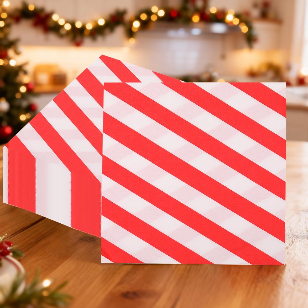 20pcs Christmas Pattern Disposable Paper Napkins Christmas Party 2 Ply Napkins Holiday Cocktail Napkins Serviette for New Year Winter Dinner Party Supplies Decoration, White & Red Striped