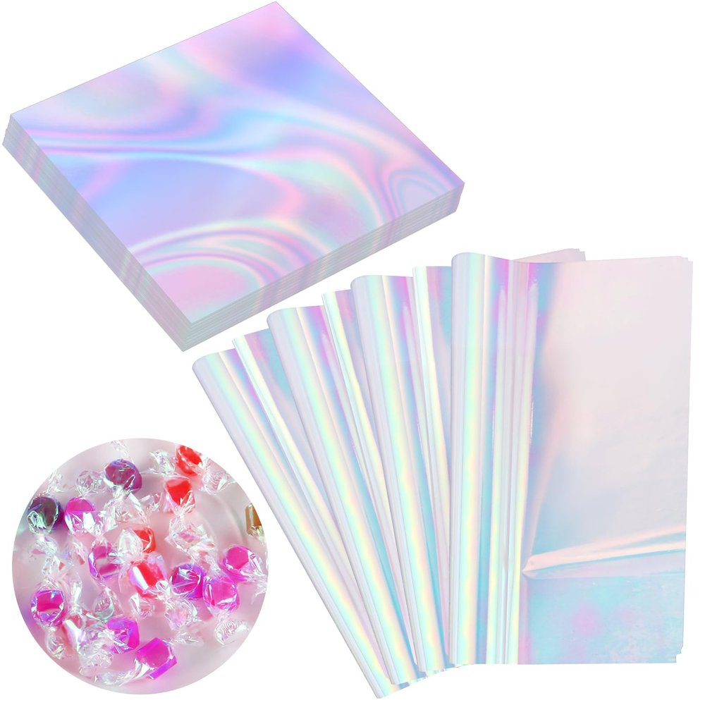 Prudiut 150 Pieces Cellophane Sheets Iridescent Cellophane Wrap Cellophane Gift Wrap for Iridescent Film Crafts Decoration Holographic Candy Wraps (9 x 9 Inch)