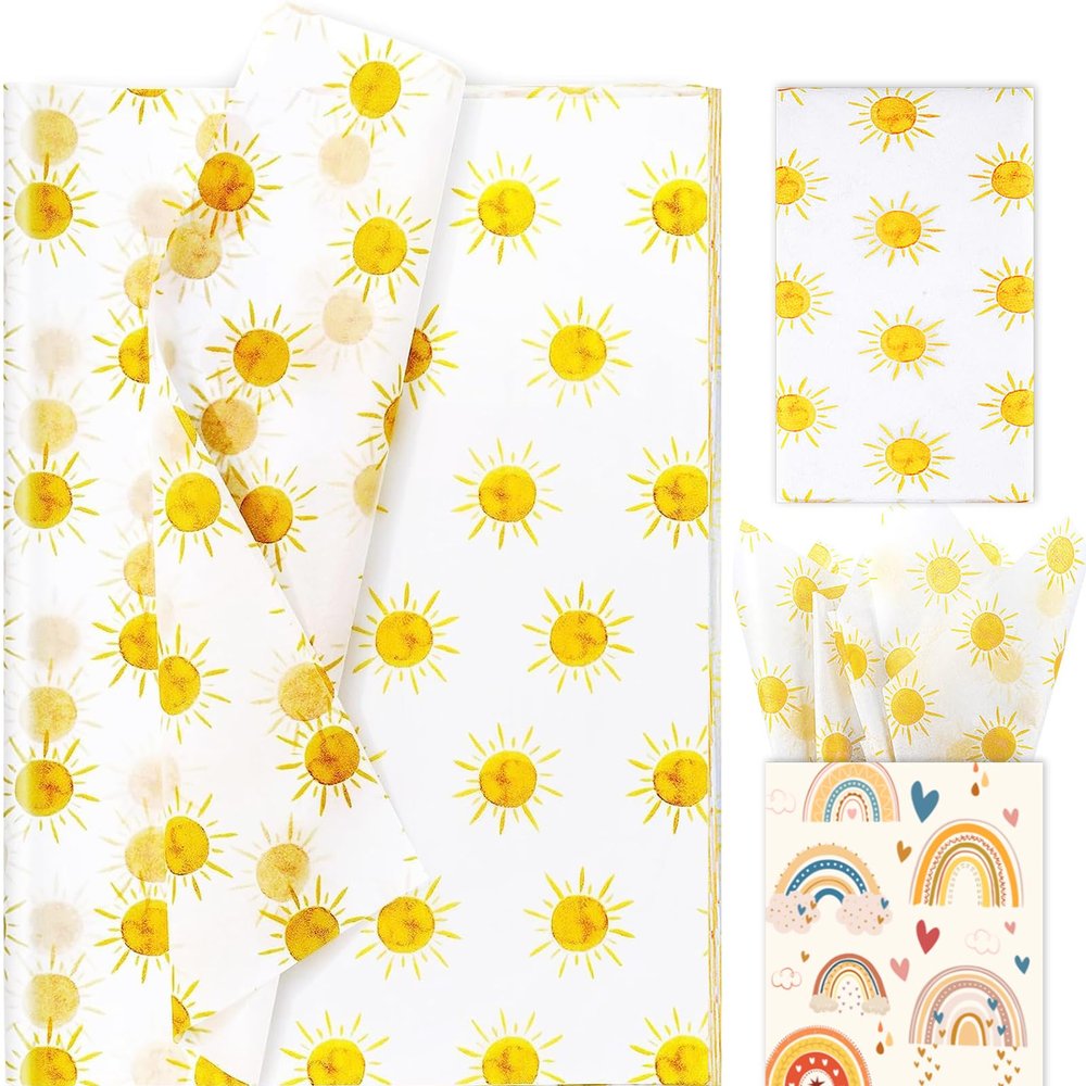 100 Sheets 20 * 14 Inches Boho Sun Tissue Paper for Gift Wrapping, Yellow Sunshine Tissue Paper for Gift Bags for First Trip Around The Sun Birthday Party Baby Shower DIY Craft