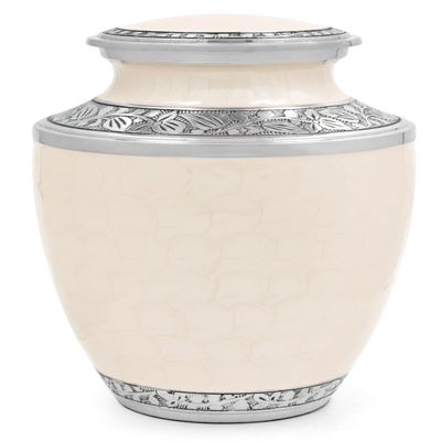 CLEENTABLE Adult Cremation Urns Metal Cremation Urns for Human Ashes - Decorative Memorial Urn for Adults, Secure Screw Lid, Durable Burial Urn for Home, Funeral, Men & Women 10" (White & Silver)