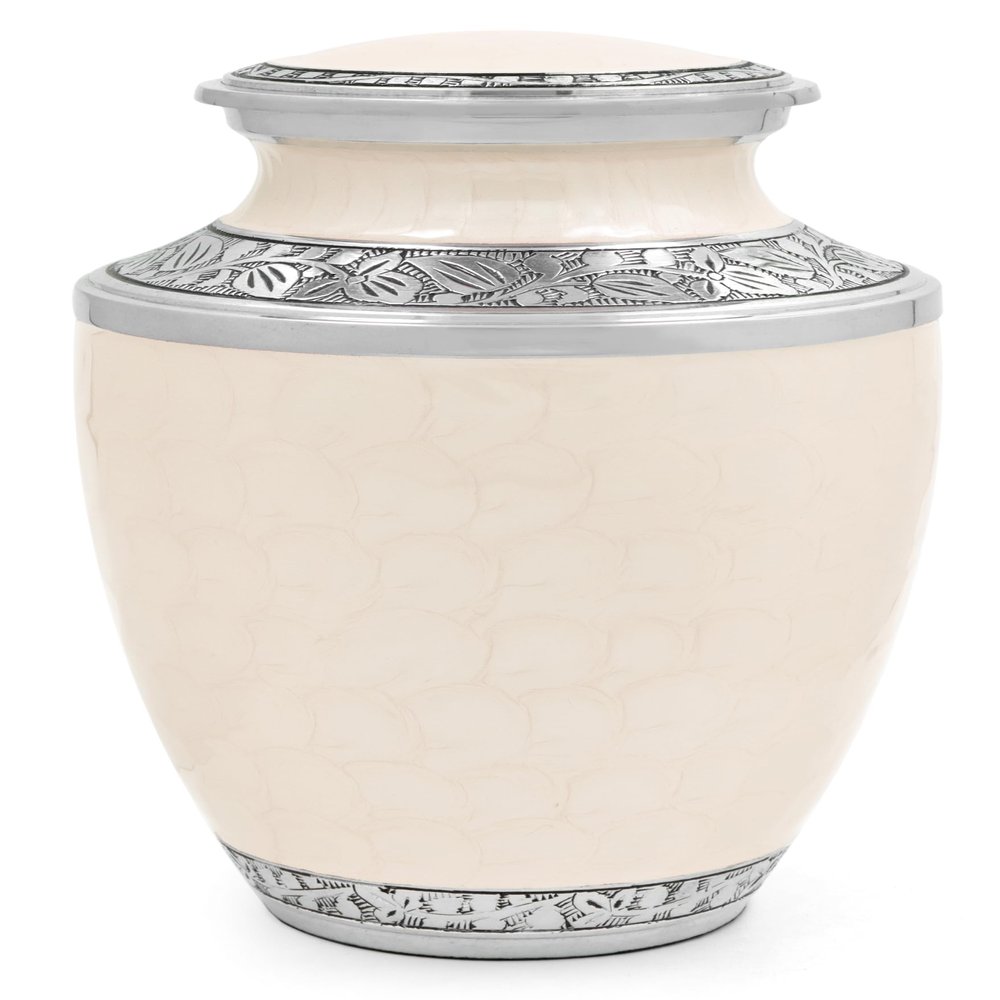 CLEENTABLE Adult Cremation Urns Metal Cremation Urns for Human Ashes - Decorative Memorial Urn for Adults, Secure Screw Lid, Durable Burial Urn for Home, Funeral, Men & Women 10" (White & Silver)