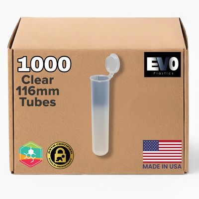 Evo Plastics 1000 Count Clear 116mm Pop Top Tubes BPA-Free, Airtight Vials for Safe Storage Made in the USA
