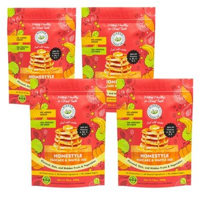 Hidden Foods Homestyle Pancake Mix and Waffle Mix | Thick & Fluffy Pancake with Oats, Flaxseed & Hidden Fruits & Veggies | Rich in Protein, Fiber and Vitamins | Breakfast Meal Just Add Water - 4 Pack