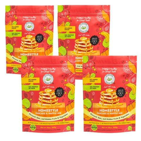 Hidden Foods Homestyle Pancake Mix and Waffle Mix | Thick & Fluffy Pancake with Oats, Flaxseed & Hidden Fruits & Veggies | Rich in Protein, Fiber and Vitamins | Breakfast Meal Just Add Water - 4 Pack