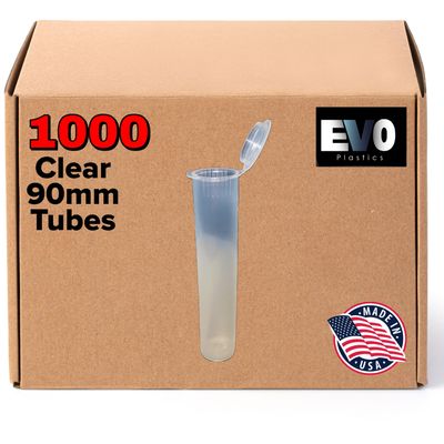 Evo Plastics Clear 90mm Tubes - Plastic Pop Top Vials- Usa Made - Child Resistant (1000 Qty)