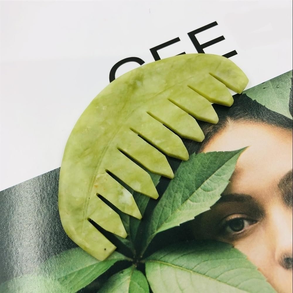 AtkitS 1 Pack Natural Jade Crystal Stone Comb Gua Sha Board Shape Chakra Head Massage Hand Massager Relax