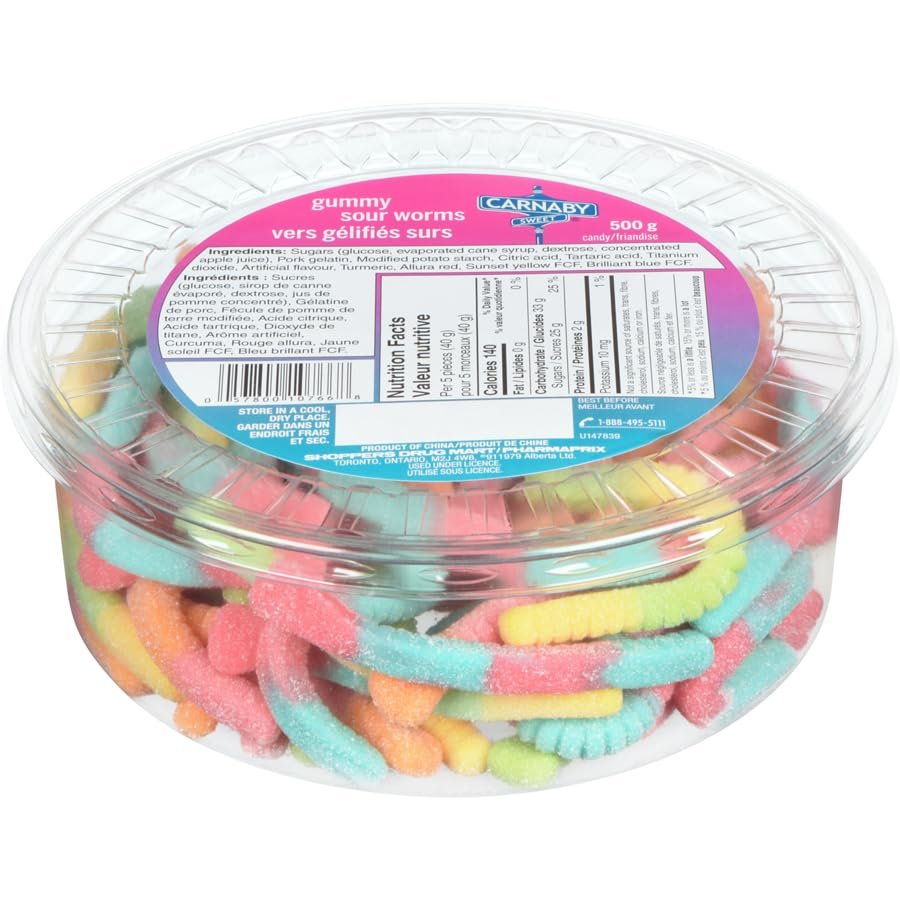 Carnaby Sweet Gummy Sour Worms, 500g/17.5 oz, Tub (Imported from Canada)