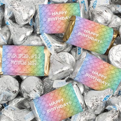 116 Pcs Personalized Mermaid Kid's Birthday Candy Party Favors Wrapped Miniatures and Kisses (1.50 lbs) - Rainbow