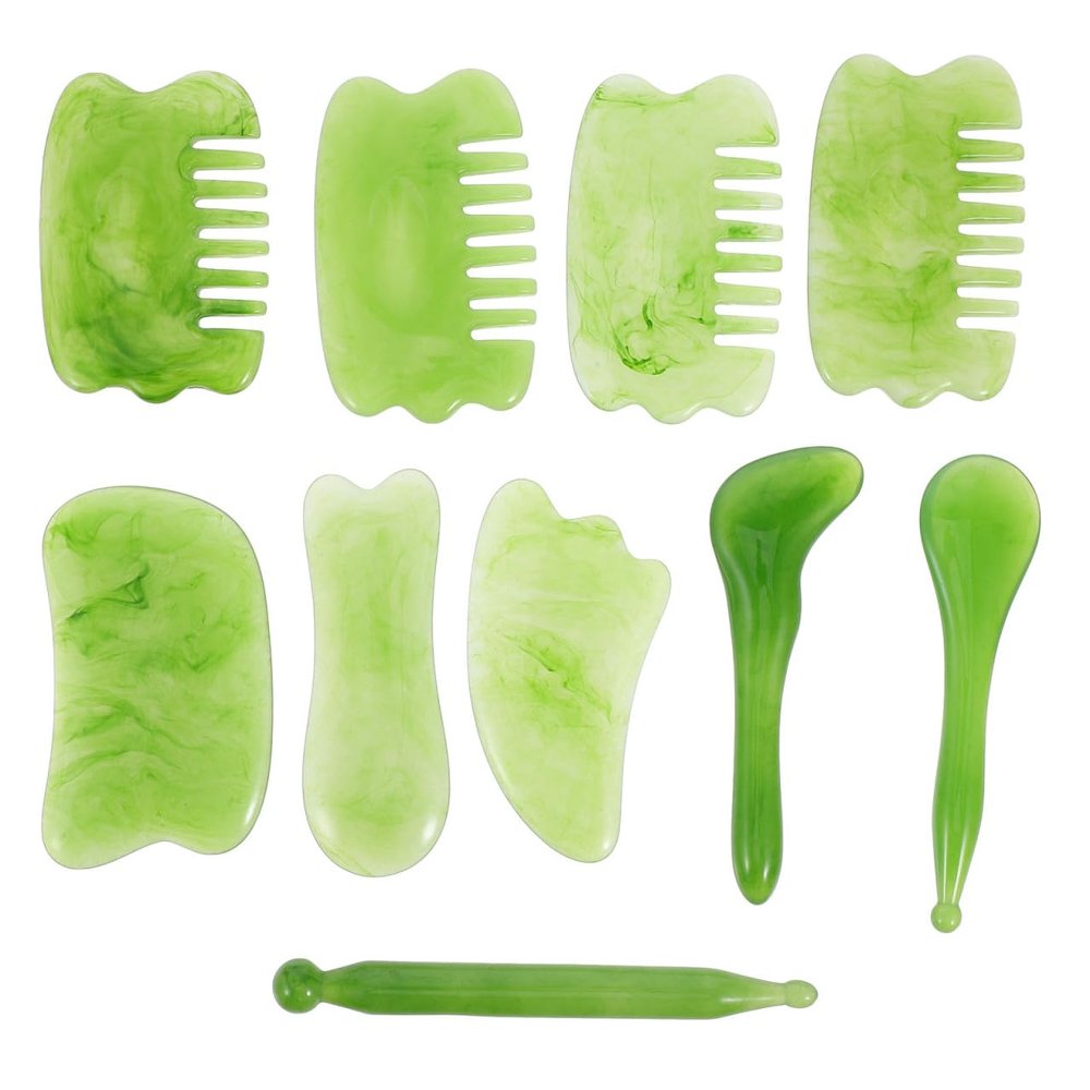 Healifty 10pcs Gua Sha Massage Board Scalp Comb Facial Massager Cosmetology Kit Jade Scraping Jade Set Tools Massaging Tool Massaging Board The Face Plank