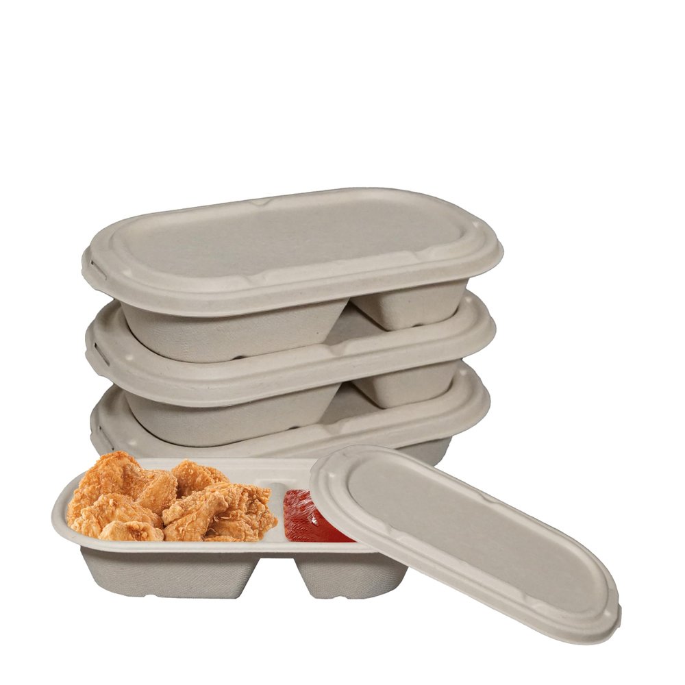29oz Disposable Bowls with Fiber Lids - 2 Compartment Rectangular Compostable Sugarcane Biodegradable Paper Bowls Eco-Friendly Take Out Food Storage Containers, Microwave Safe, Meal Prep (100 PACK)