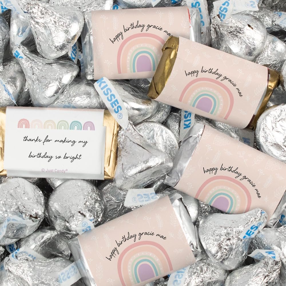 116 Pcs Personalized Rainbow Kid's Birthday Candy Party Favors Wrapped Miniatures and Kisses (1.50 lbs)