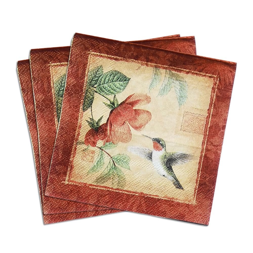 Colored Paper Cocktail Napkins, 20 Count Shabby Chic Napkins for Wedding, Dinner Tea Party Shower, Hummingbird & Flower