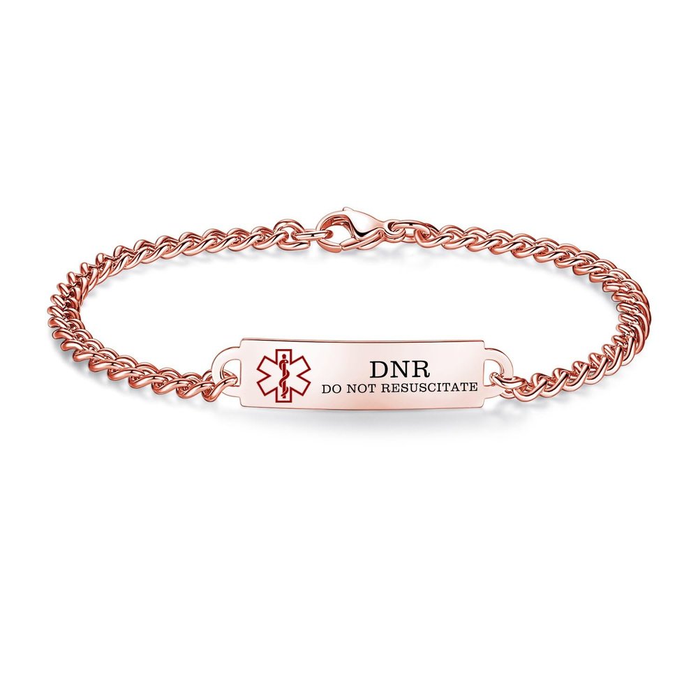 AOAMID 6.5"-8.5" Medical alert id bracelets for Women Men Stainless steel Medical Emergency Bracelets Free engraving do not resuscitate(Rose gold-8.5")