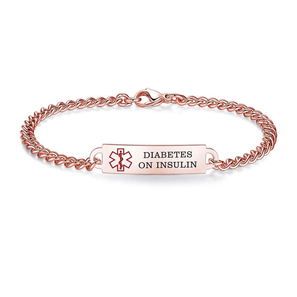 AOAMID 6.5"-8.5" Medical alert id bracelets for Women Men Stainless steel Medical Emergency Bracelets Free engraving diabetes on insulin(Rose gold-7.5")