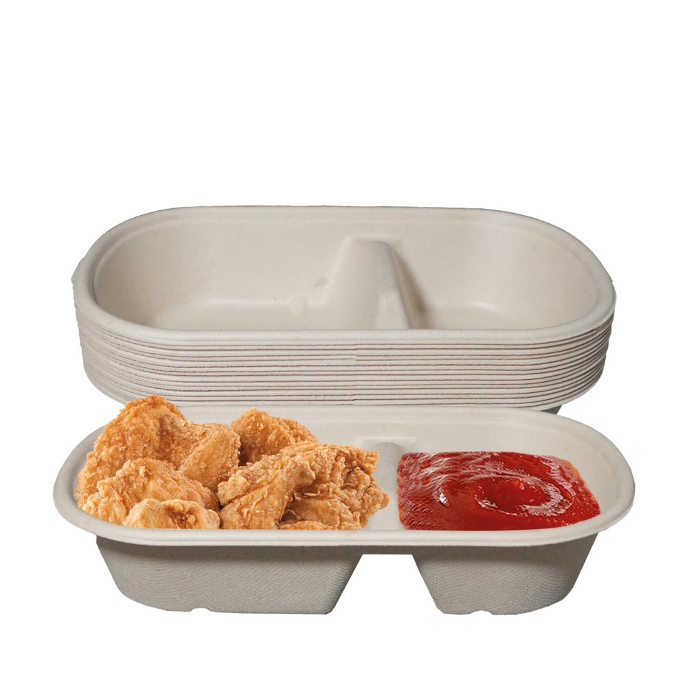 29oz Disposable Bowls - 2 Compartment Rectangular Compostable Sugarcane Fiber Biodegradable Paper Bowls Eco-Friendly Oblong Take Out Food Containers, Food Storage, Microwave Safe, Meal Prep (250 PACK)