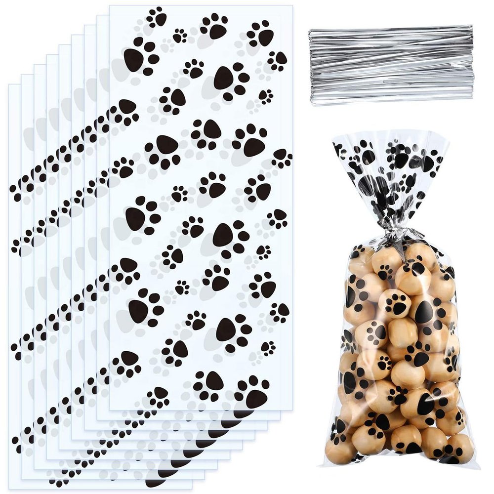 100 Pcs Clear Treat Bags Dog Pet Paw Print Cellophane Bags Pet Paw Cone Cellophane Bags 11 x 5 x 3 Inches Paw Print Plastic Cellophane Bags Wide Bottom Heat Seal