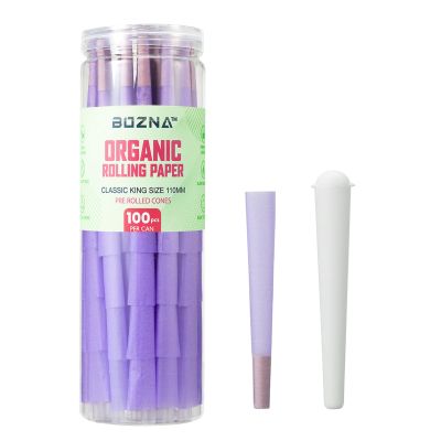 BOZNA Purple Pre Rolled Cones Organic Rolling Papers with Tips - Slow Burn, Sturdy Natural Gum Seal, Ultra Thin with Plastic Cone. 100 ct, King Size Rolling Cones in Popular Colors (Purple, King Size)