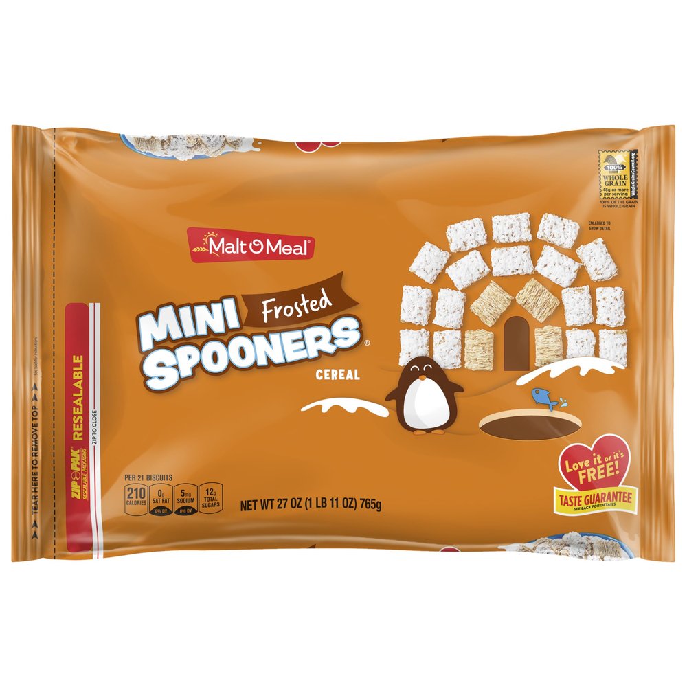 Malt-O-Meal Mini Frosted Spooners Breakfast Cereal, Sweet Frosted-Wheat Squares, Family Bulk Size 27 oz Resealable Bag