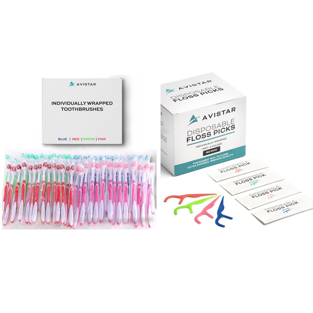 Avistar 48 Disposable Bulk Toothbrushes and 450 Disposable Floss Picks - Individually Wrapped in 4 Colors - Convenient & Affordable - for Travel, Hotels, Airbnb, Relief Missions, Donations & More