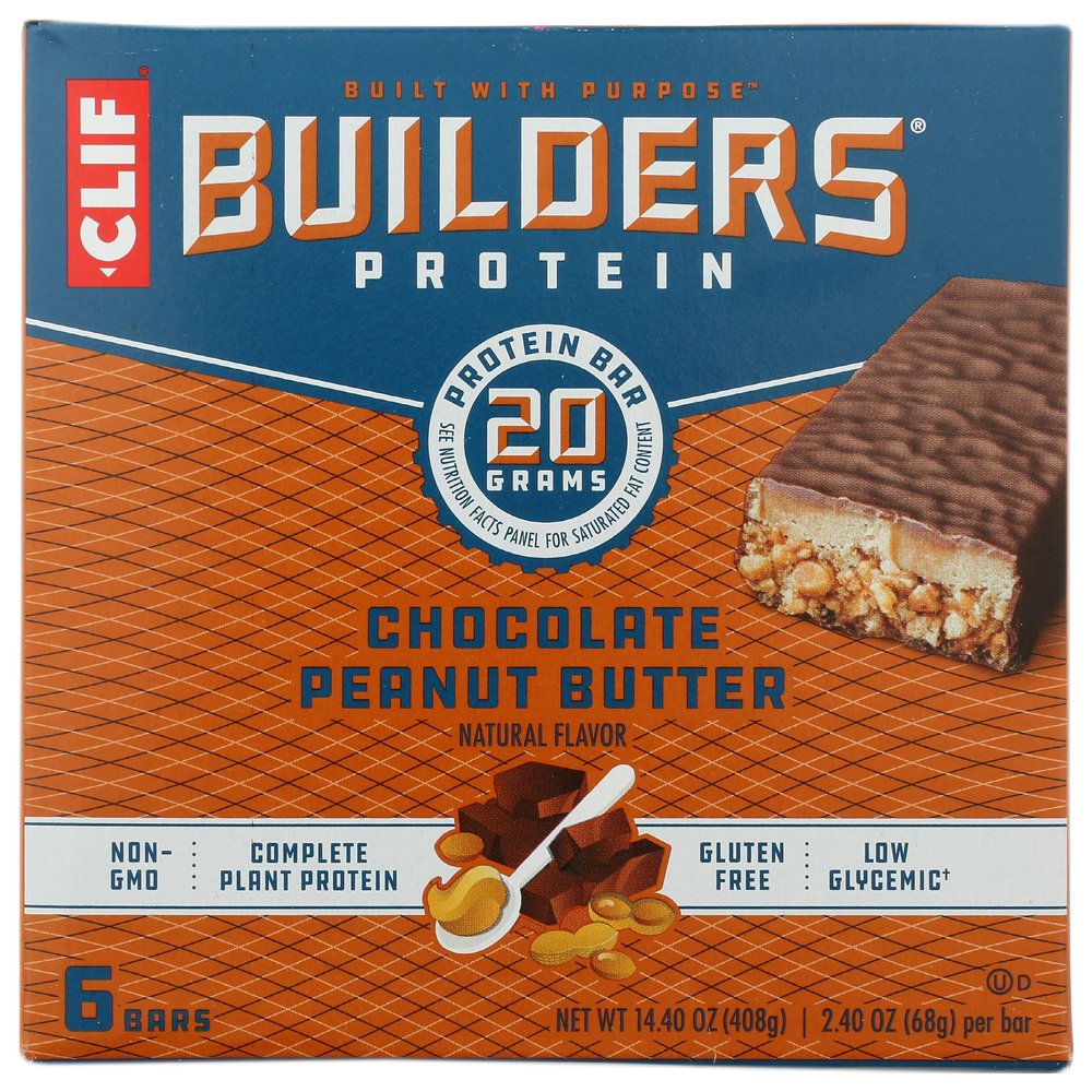 Clif Builders Protein Bars, Chocolate Peanut Butter, Natural Flavors, Complete Plant Protein, Kosher, Gluten Free & Non-GMO, 6 Count, 14.4 Ounce (Pack of 6)