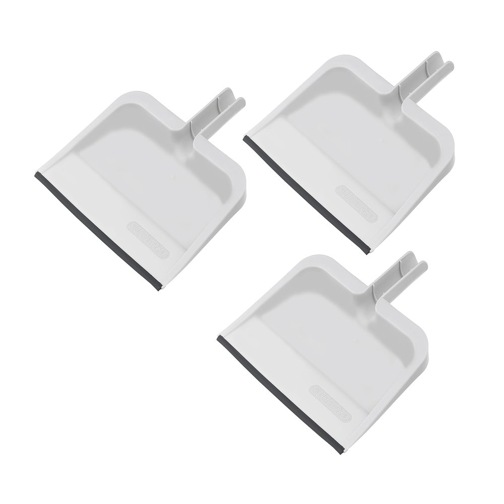 Superio Clip-On Dustpan with Rubber Lip - 10-inch Wide Durable Plastic Dust Pan with Comfort Grip Handle, White, 3-Pack