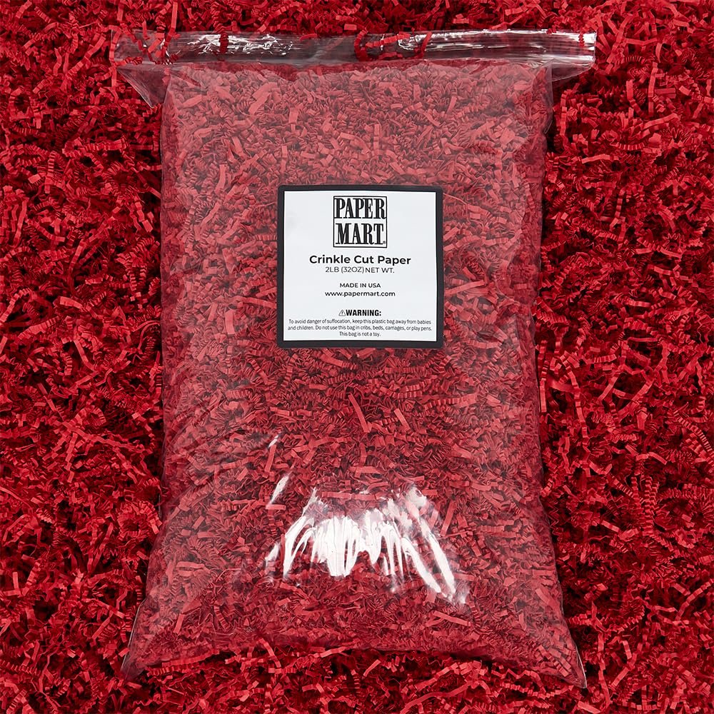 Paper Mart Crinkle Cut Paper for Gift Box (2 lb), Shredded Red Basket Filler
