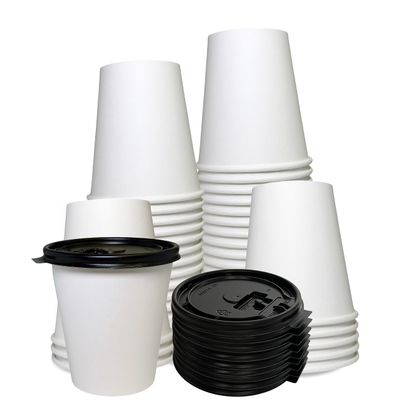 10 oz Disposable White Paper Coffee Cups with Black Flat Lids, Recyclable Hot/Cold Beverage Paper Drinking Cups with Lids for Tea, Water, Coffee, Travel, Picnic, Breakroom, Office (150 PACK)