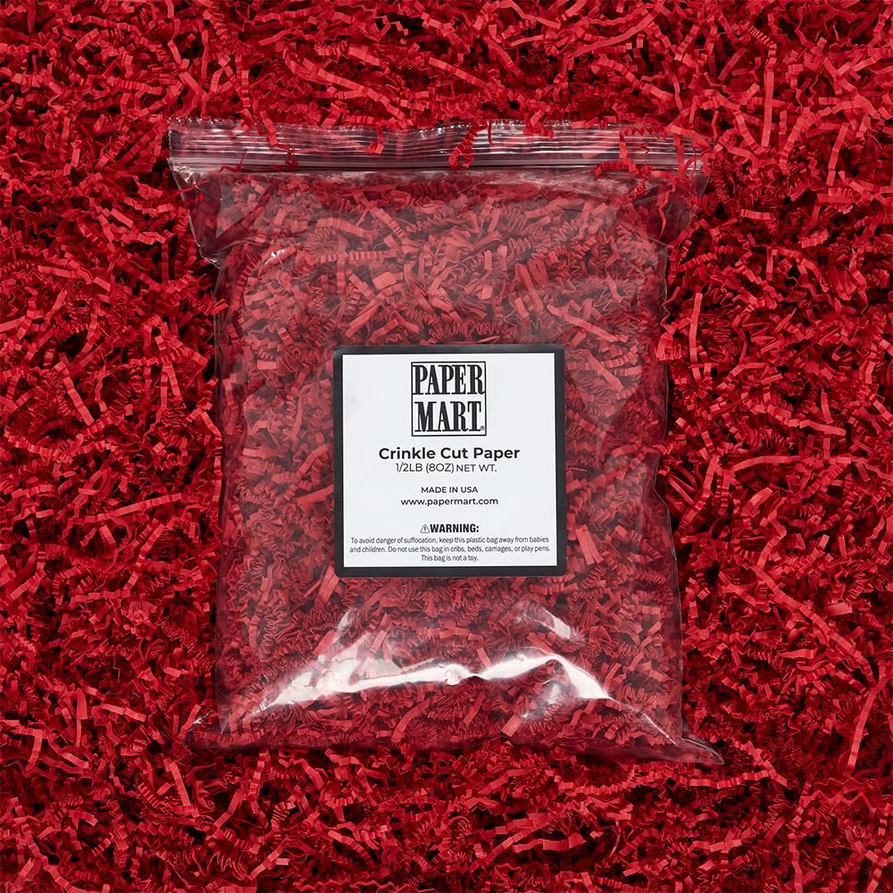 Paper Mart Crinkle Cut Paper Shred, Red 1/2 LB Bag, Shredded Paper for Gift Baskets, 9 x 11 x 3.5 Inches of Accordion Shaped Crinkle Paper