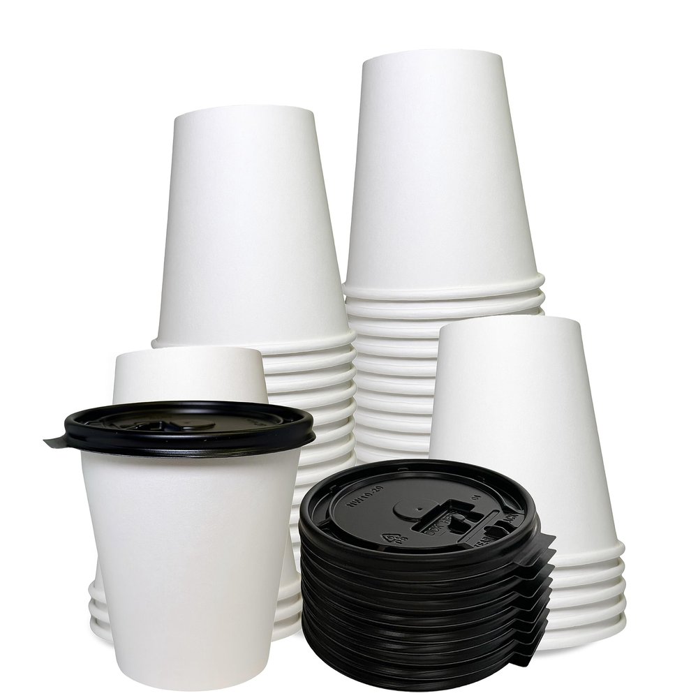 12 oz Disposable White Paper Coffee Cups with Black Flat Lids, Recyclable Hot/Cold Beverage Paper Drinking Cups with Lids for Tea, Water, Coffee, Travel, Picnic, Breakroom, Office (150 PACK)
