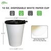 12 oz Disposable White Paper Coffee Cups with Black Flat Lids, Recyclable Hot/Cold Beverage Paper Drinking Cups with Lids for Tea, Water, Coffee, Travel, Picnic, Breakroom, Office (150 PACK) view 3