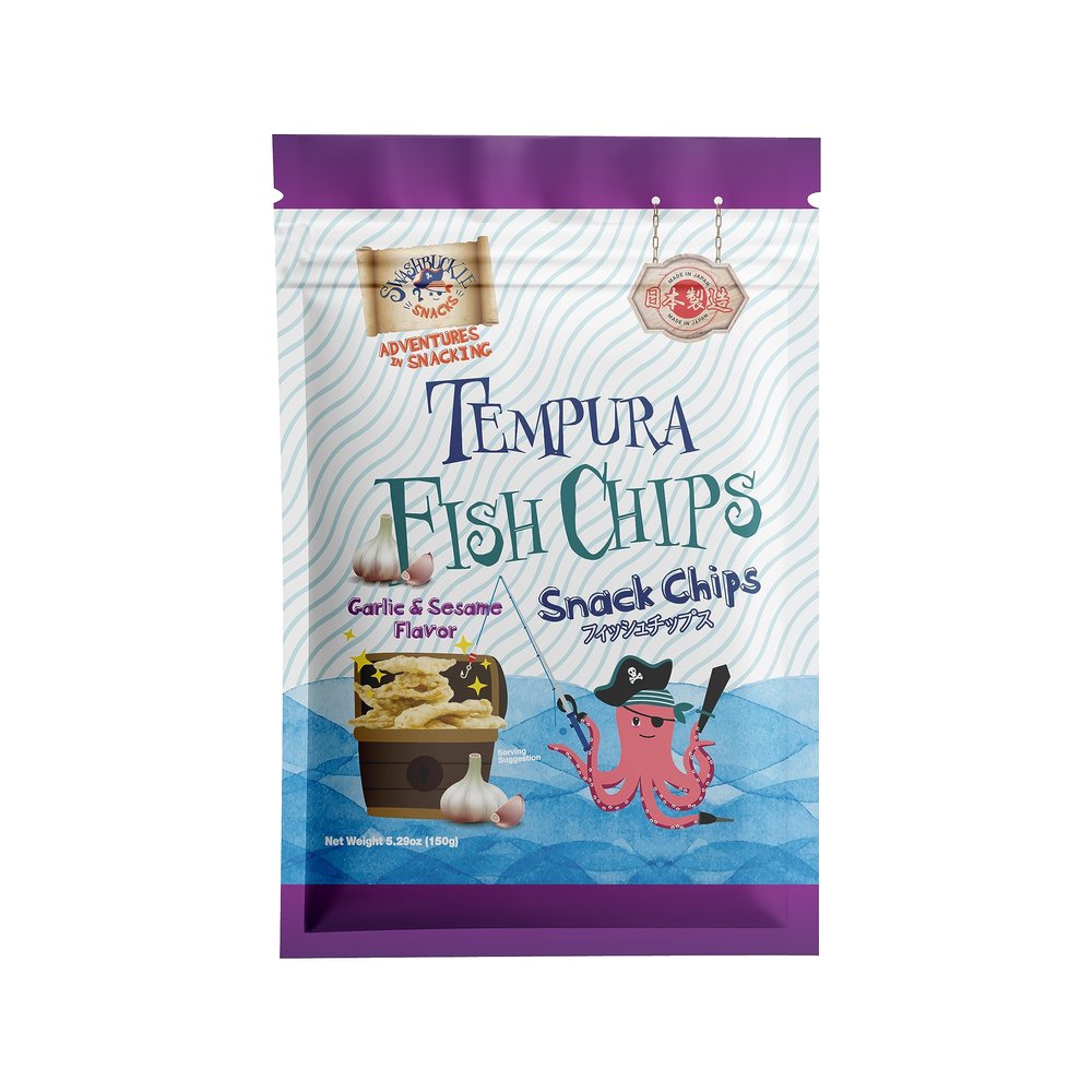 Crispy Tempura Fish Chips Garlic and Sesame Flavor 5.29oz (150g), Made in Japan by Swashbuckle Snacks