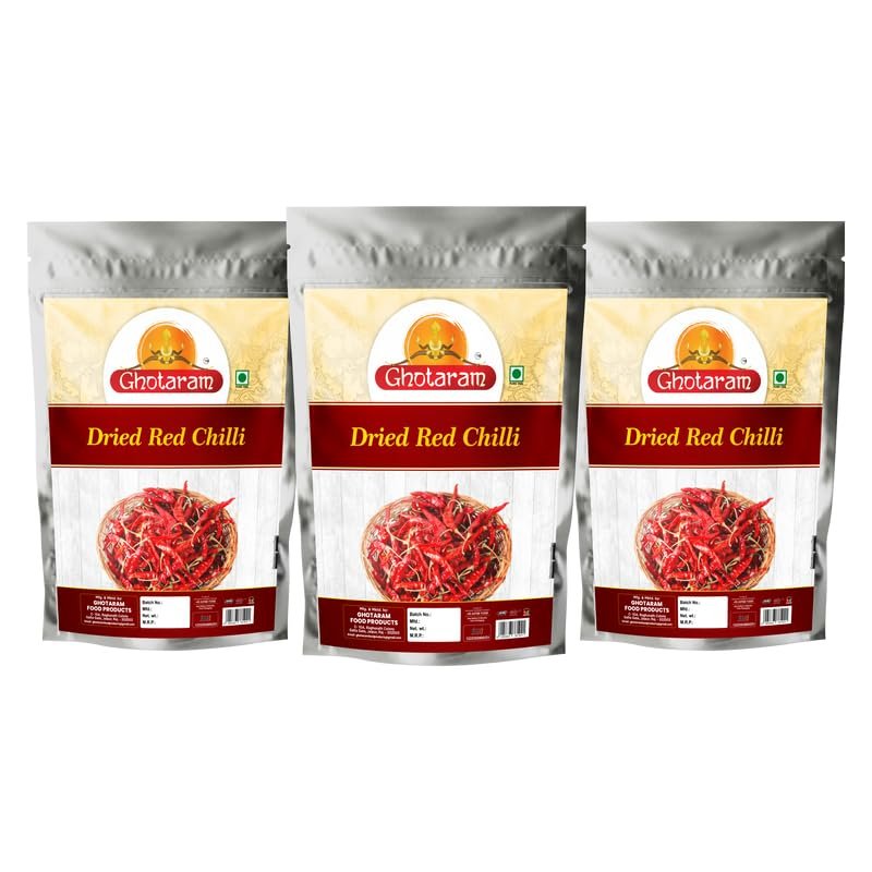 Ghotaram Pali Marwar Sabut Laal Mirch, Organic Red Stick Chilly, Lal Mirch, Red Chilli Whole, Dry Red Chilli, Chilli Red (Lal Mirch), Handpicked Sun-Dried Red Chilli (Lal Mirch)-80Gx3Pk