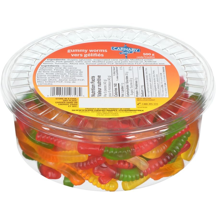 Carnaby Sweet Gummy Worms, 500g/17.5 oz, Tub (Imported from Canada)