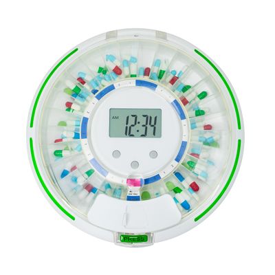 Automatic Pill Dispenser for Elderly with Alarm, Lock 28-Day Medication Dispenser, 6 Dosage Templates, Sound & Light Alerts & Key for Vitamins, Supplements (Clear Lid)