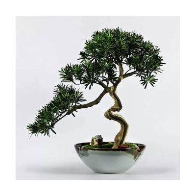 Fake Plants Artificial Bonsai Tree New Chinese-Style Simulation Luohan Pine Bonsai Tree 25.6 in Large Green Simulation Welcome Pine Bonsai Plant Ceramic Flower Pot Bonsai Tree