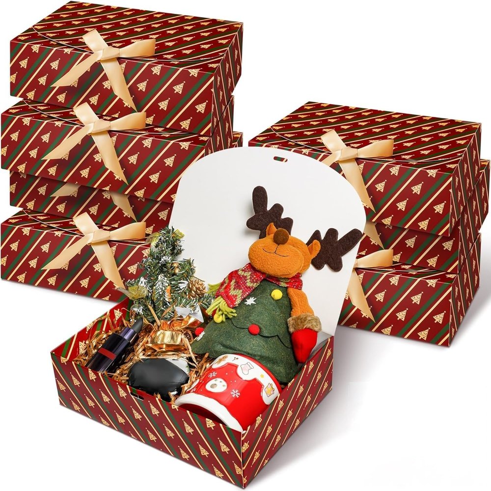 SWANGSA 8 Set Christmas Gift Box with Lids, 10.6''x8''x3'' Kraft Paper Gift Box, Christmas Tree Present Candy Cookie Boxes with Ribbon and 60pcs Adhesive Dots, for Holiday Party Favor Supplies