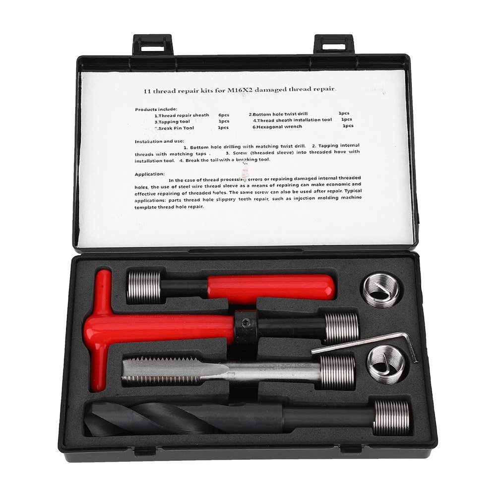 11PCS Thread Repair Kit, M16x2 Stainless Steel Twisted Drill Tap Wrench, Threaded Insert Tool, High Strength for High Voltage Switchgear, Microwave Communication